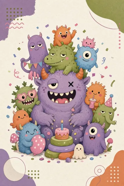 Fantasy Creature image example: Whimsical Fantasy Monster Party Cartoon Illustration