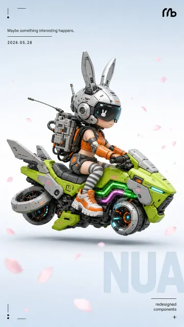 cyberpunk image example: Chibi Mecha Girl on Hoverbike 3D Illustration