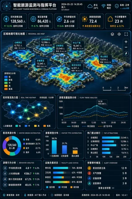 Futuristic Tech image example: Tourism Monitoring Big Screen Dashboard UI Design