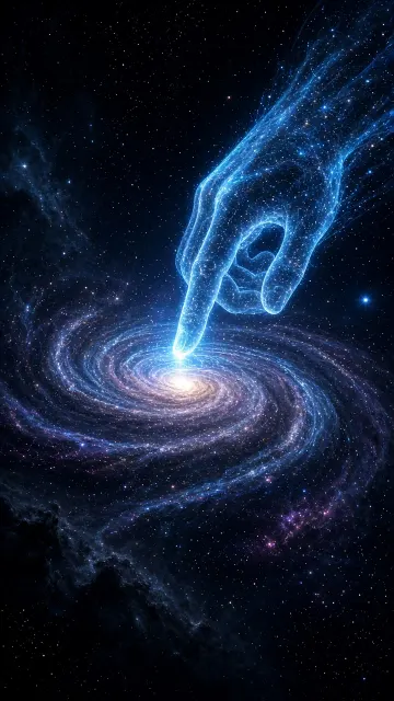 Mystical image example: Glowing Particle Hand Touching a Swirling Galaxy
