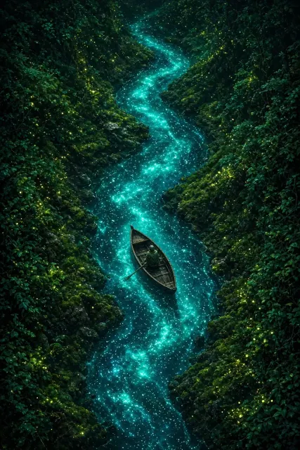Bioluminescence image example: Top-Down Fantasy Illustration of Rowing on a Bioluminescent River