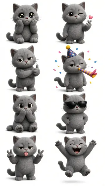 Cat Emoji image example: 3D Cartoon Chubby Grey Cat Emoji Sheet