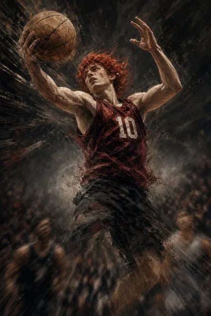 Dynamic Motion Blur Illustration of Red-Haired Basketball Rebound