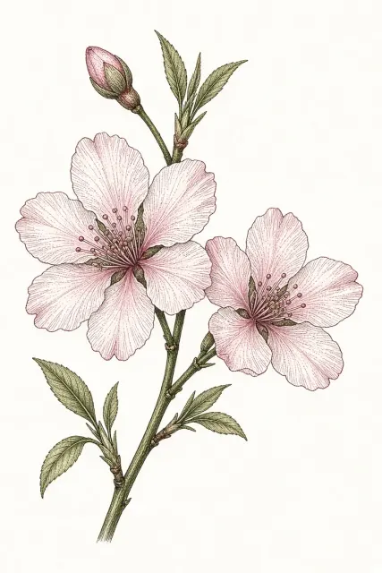 Cherry Blossom image example: Green and Pink Stippling Pen Drawing of Cherry Blossoms
