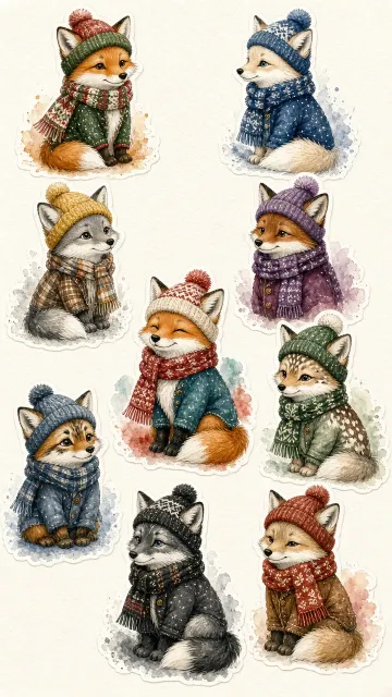 Watercolor and Colored Pencil Six-Panel Festive Foxes