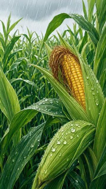 Rainy Day image example: Classic Anime Style Cornfield in the Rain