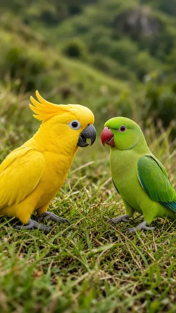 natural light image example: Humorous Dialogue Between Two Parrots on a Grassy Hill