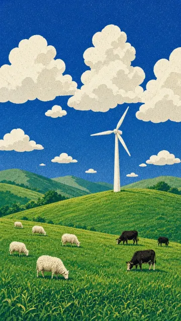 Serene Wind Turbine Grassland Screen Print Illustration