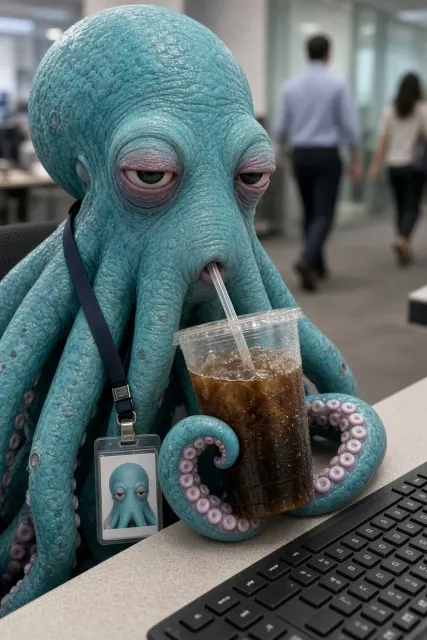 Workplace image example: Grumpy Octopus Office Selfie with Iced Coffee