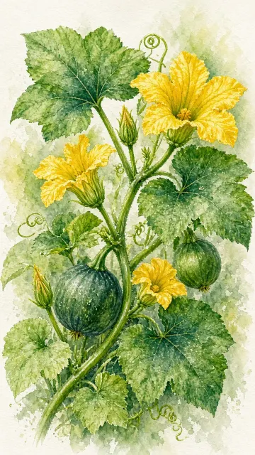 Botanical Watercolor Pumpkin Vines and Blossoms