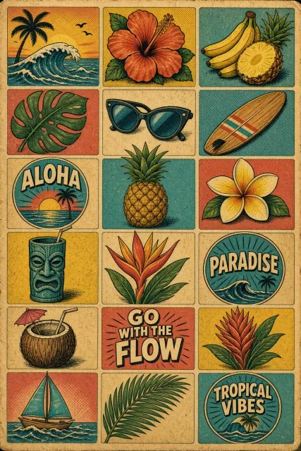 Knolling image example: American Vintage Comic Tropical Knolling Collage