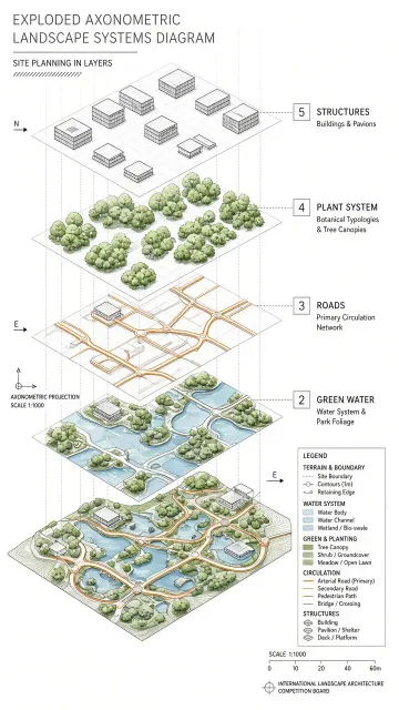 Landscape Architecture image example: Axonometric Layered Landscape Exploded Diagram
