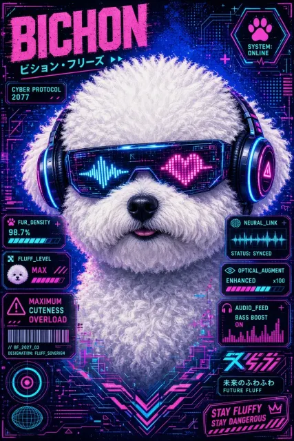 Maximalism image example: Cyberpunk Bichon Frise Digital Head Poster