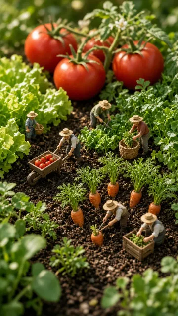 Miniature World image example: Miniature People Vegetable Garden Illustration