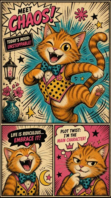 Collage Grid image example: Exaggerated Big-Head Funny Cat Comic Illustration