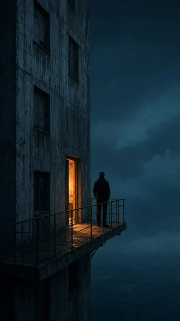 Cinematic Balcony Silhouette on Weathered Apartment