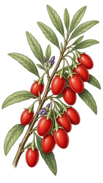 Botanical Line Art image example: Goji Berry Botanical Intaglio Color Line Art Illustration