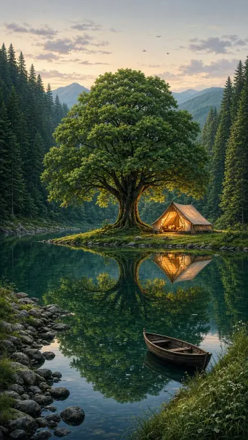 Deep Green Forest Tree Tent Lake Reflection Illustration