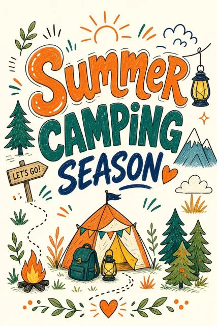 Chibi Kawaii image example: Summer Camping Season Hand-Drawn Street Typography