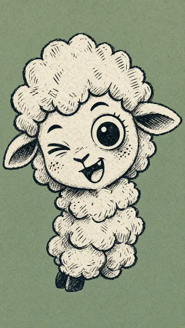 Chibi Kawaii image example: Minimalist Doodled Chibi Sheep Green Woodblock Print