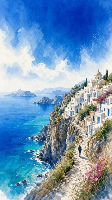 Mediterranean Island Minimalist Watercolor Landscape