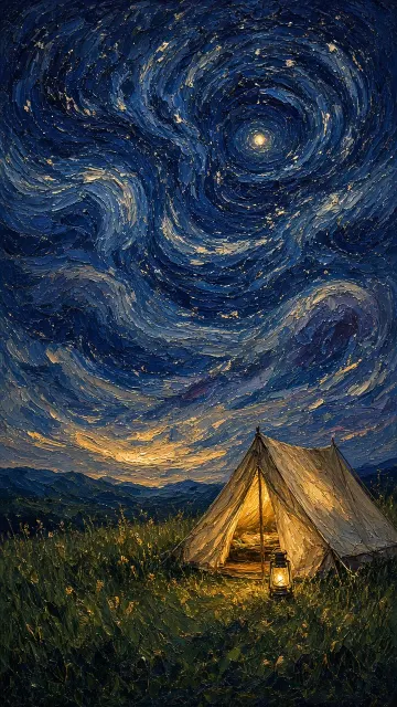 Impressionist Starry Night Camping Oil Painting