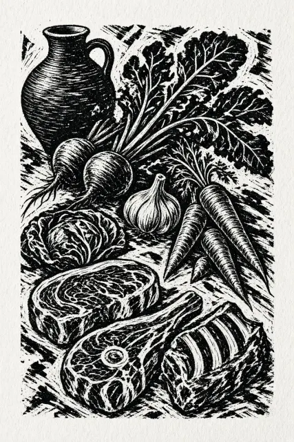 Abstract Culinary Woodcut Printmaking Art