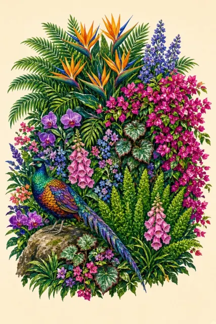 Lush Botanical Still Life with Pheasant Acrylic Painting