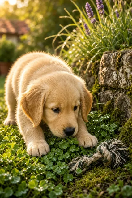 Golden Retriever Puppy in Cottage Garden Golden Hour