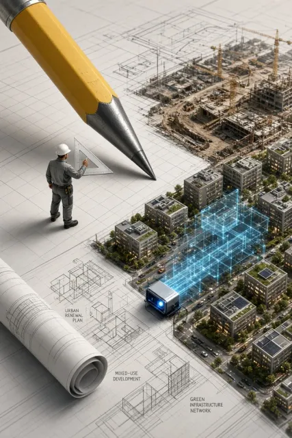 Miniature World image example: Giant Mechanical Pencil and Miniature Civil Engineer Illustration