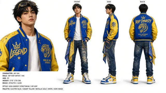 Urban Fashion image example: Blue and Yellow Streetwear Rapper Model Turnaround