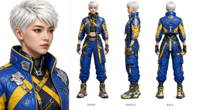 Turnaround image example: White-Haired Cyberpunk Streetwear Female Model Sheet