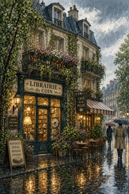 Moebius Style image example: Rain-Washed Urban Bookstore Architectural Illustration