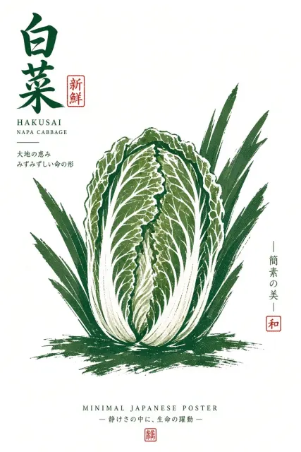 Dynamic and Energetic image example: Japanese Minimalist Screen Print Cabbage Poster