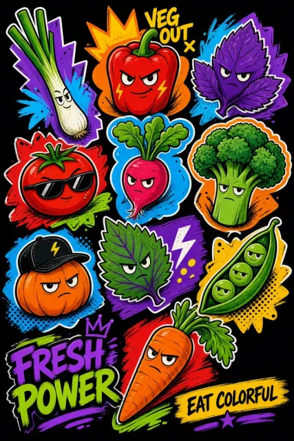 Sticker Collage image example: Vegetable Cartoon Sticker Collage Design