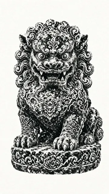Folk Art Stone Lion Rubbing Illustration