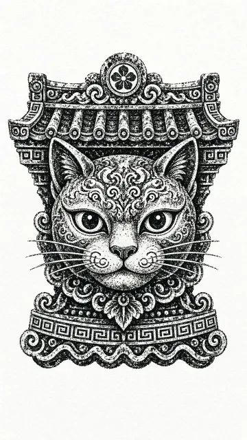 Woodblock Print image example: Folk Art Tile Cat Rubbing Print