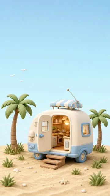 3D Miniature Camper on Tropical Beach Wallpaper