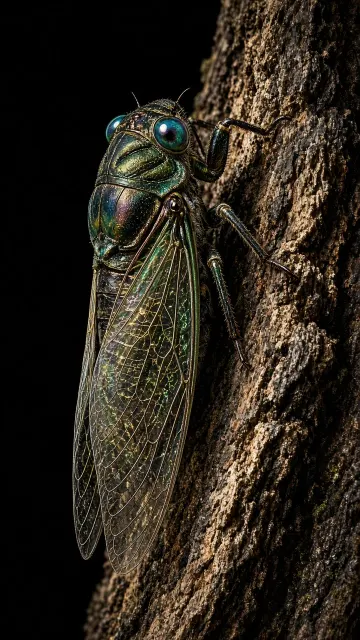 Colored Pencil image example: Colored Pencil Cicada Tree Trunk Close-Up