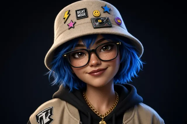 Chibi Stylized image example: 3D Virtual Hip Hop Idol Portrait