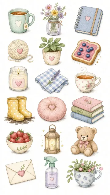 Cozy and Healing image example: Cozy Colored Pencil Doodles of Everyday Objects