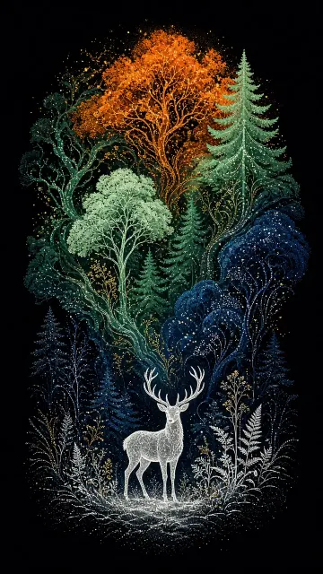 Neon Particle Forest and White Deer Illustration