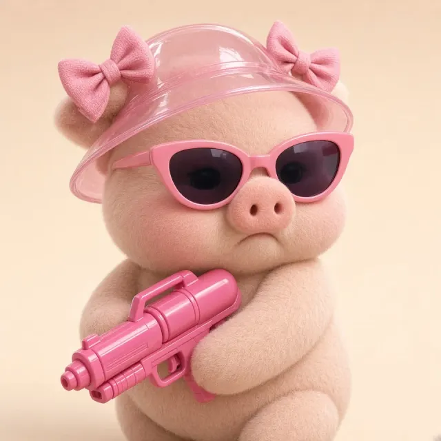 Fabric and Textiles image example: 3D Plush Piglet with Rain Hat and Water Gun