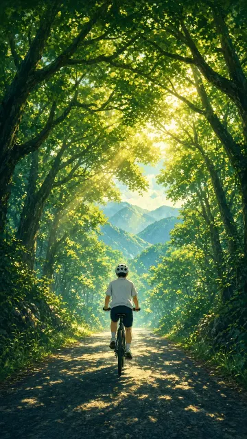 Ghibli Style Forest Tunnel Cycling Illustration
