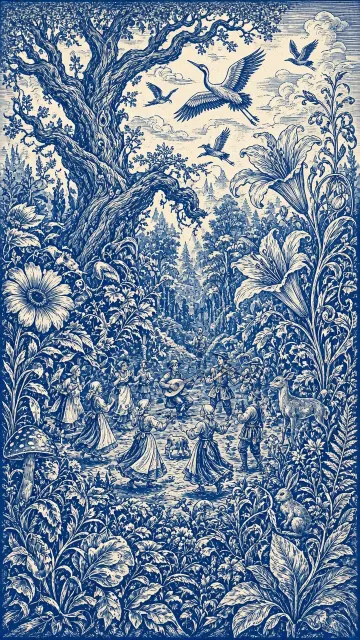 Woodblock Print image example: Blue and White Woodcut Fairytale Forest