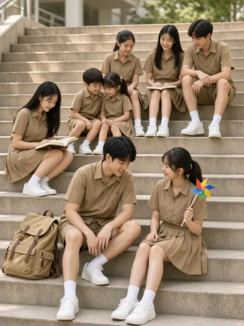 fabric image example: High-Angle Portrait of Five Students on Campus Stairs