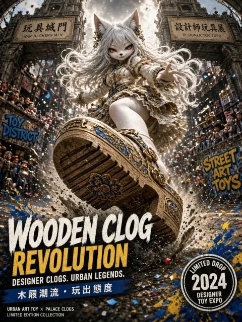 chibi art toy image example: Fox Girl Art Toy Commercial Poster with Wooden Clogs