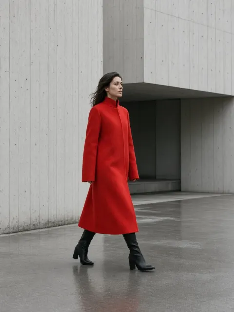 Fashion & lifestyle image example: Red coat in gray architecture