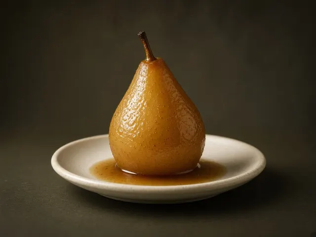 Food & still life image example: Tea-poached pear dessert