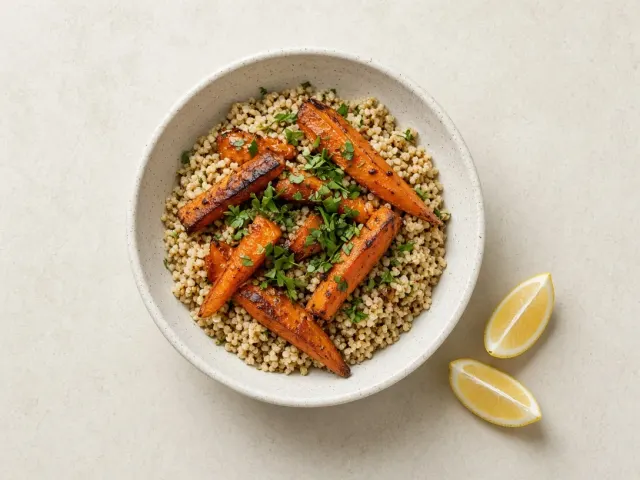 Food & still life image example: Roasted vegetable bowl